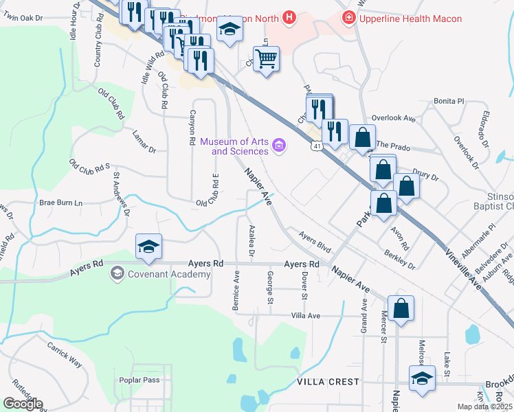 map of restaurants, bars, coffee shops, grocery stores, and more near 4415 Azalea Drive in Macon
