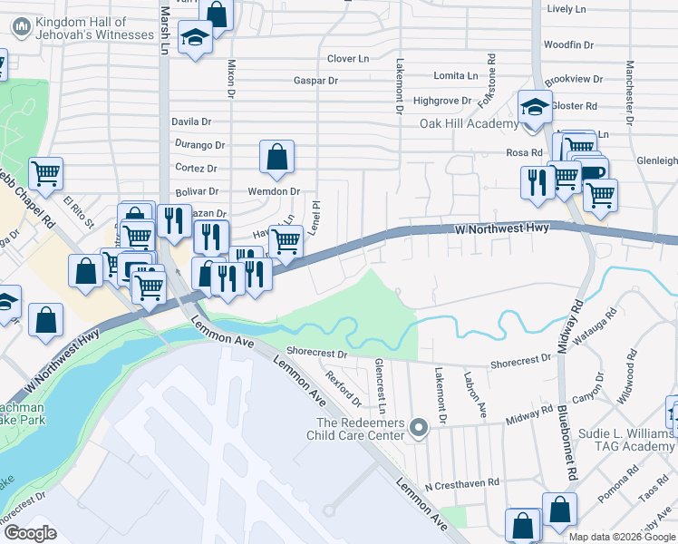 map of restaurants, bars, coffee shops, grocery stores, and more near 3900 West Northwest Highway in Dallas