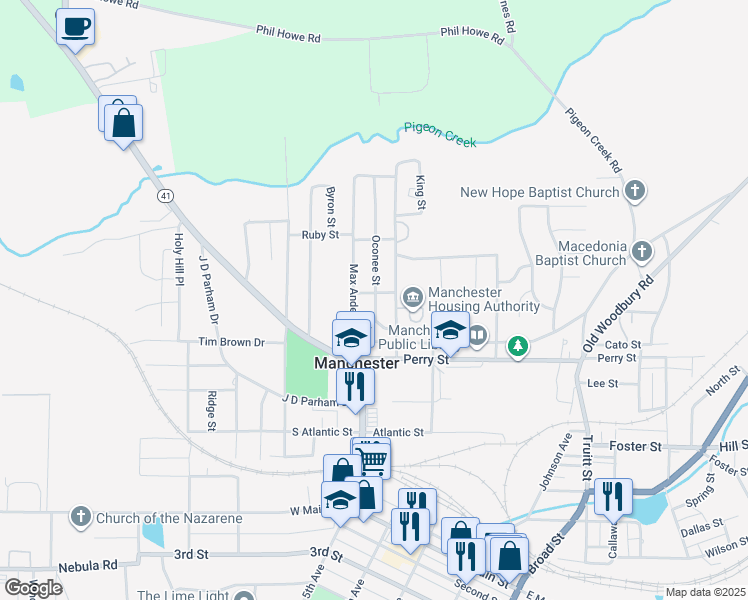 map of restaurants, bars, coffee shops, grocery stores, and more near 521 Oconee Street in Manchester