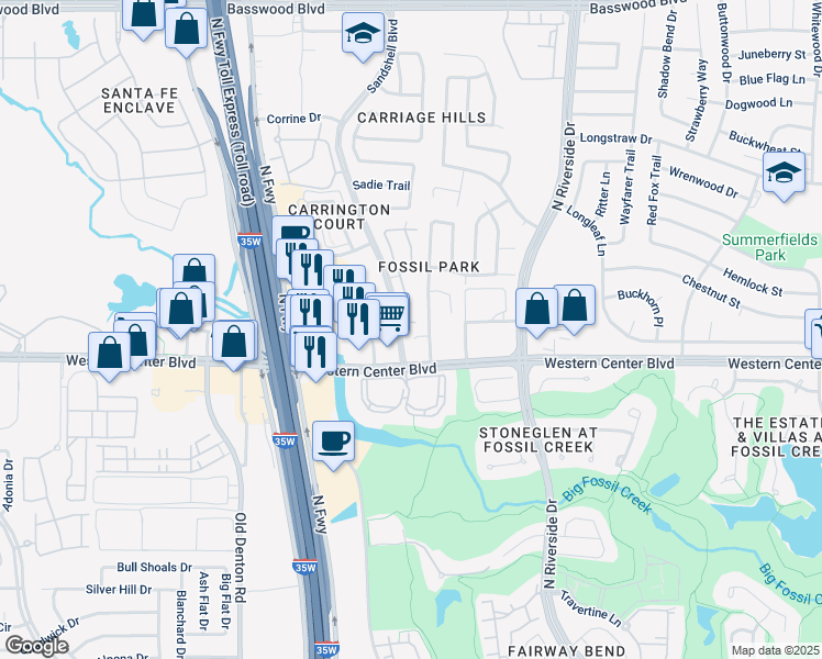 map of restaurants, bars, coffee shops, grocery stores, and more near 3301 Friendsway Court in Fort Worth