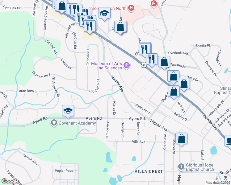 map of restaurants, bars, coffee shops, grocery stores, and more near 4433 Azalea Drive in Macon