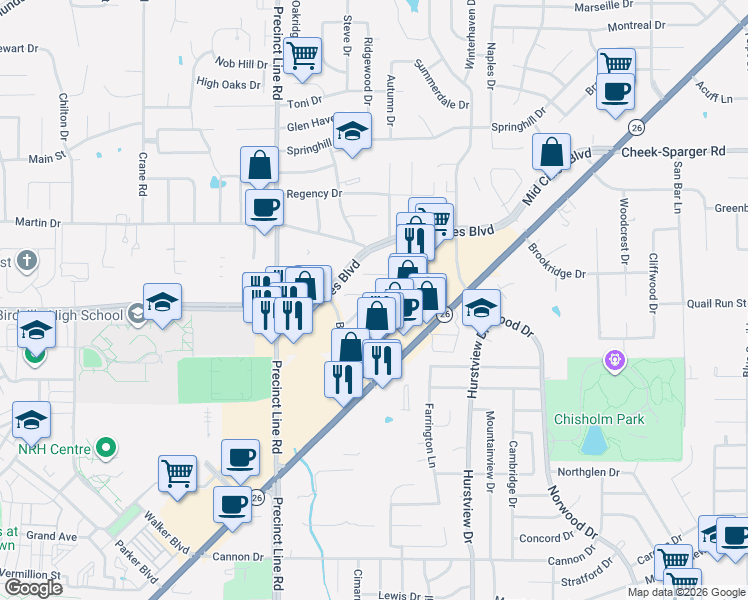 map of restaurants, bars, coffee shops, grocery stores, and more near 2624 Briargrove Drive in Hurst