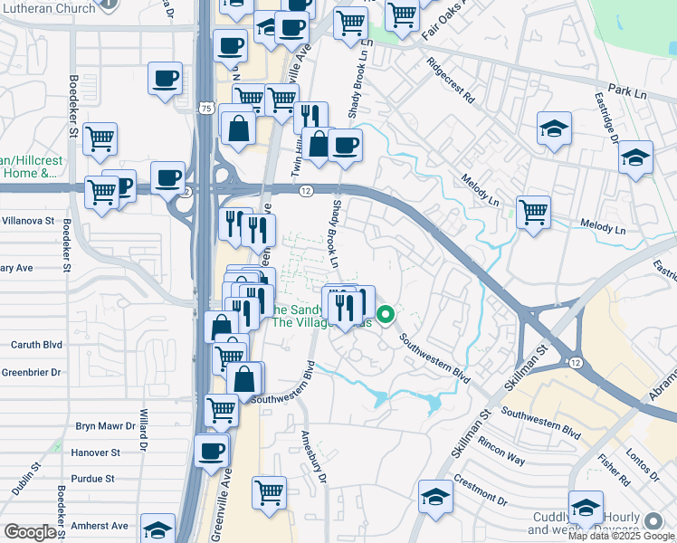 map of restaurants, bars, coffee shops, grocery stores, and more near 6489 Shady Brook Lane in Dallas