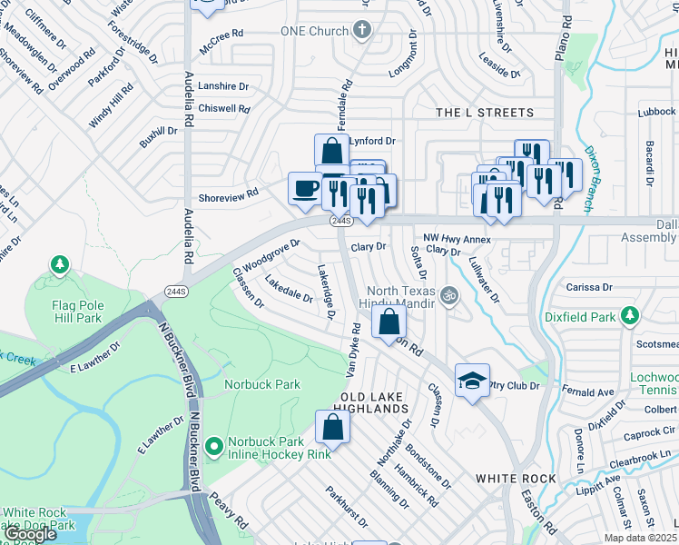 map of restaurants, bars, coffee shops, grocery stores, and more near 156 Easton Road in Dallas