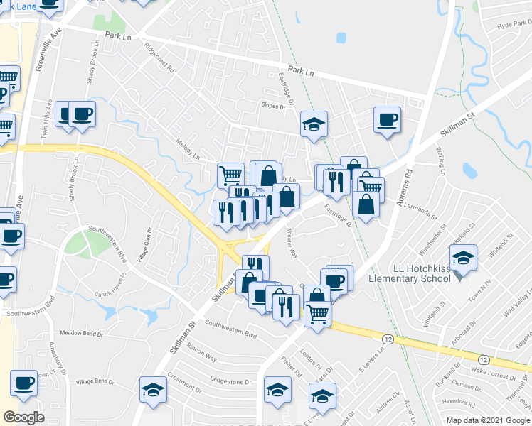 map of restaurants, bars, coffee shops, grocery stores, and more near 6243 Retail Road in Dallas