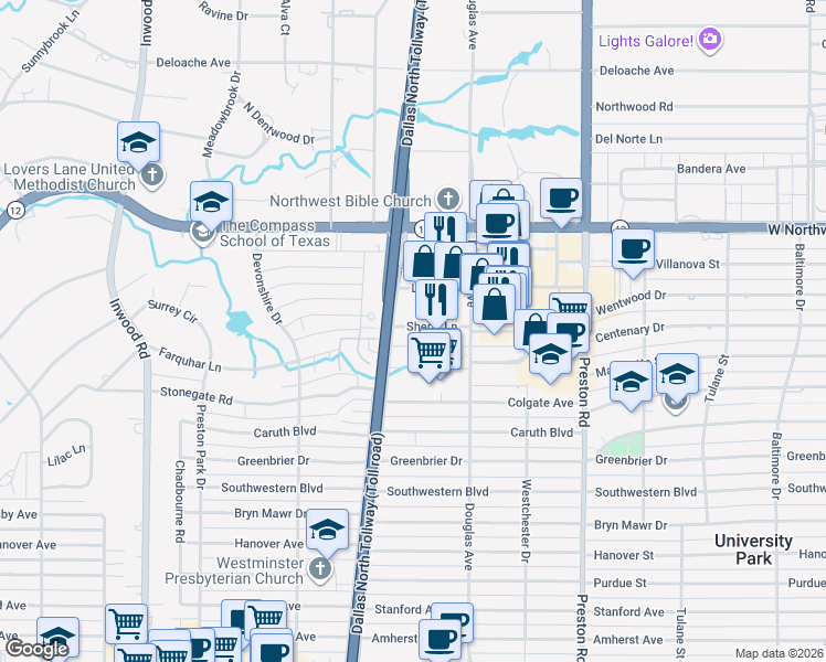 map of restaurants, bars, coffee shops, grocery stores, and more near 5950 Sherry Lane in Dallas