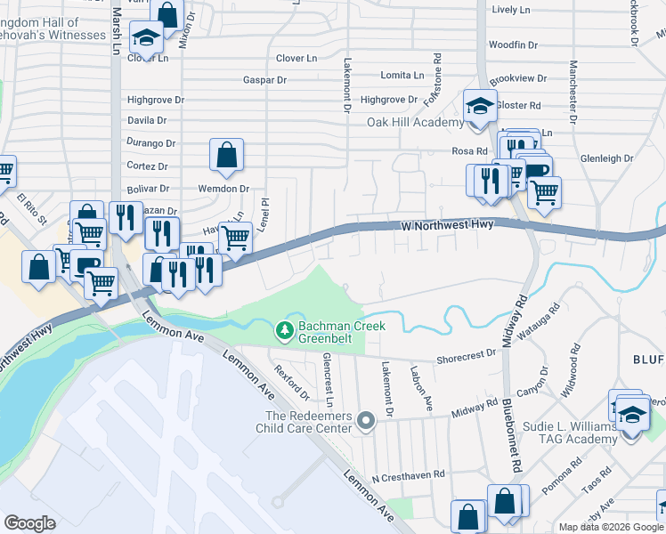 map of restaurants, bars, coffee shops, grocery stores, and more near 3938 Sherwood Forest Drive in Dallas