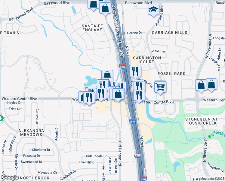 map of restaurants, bars, coffee shops, grocery stores, and more near 3001 Fair Drive in Fort Worth