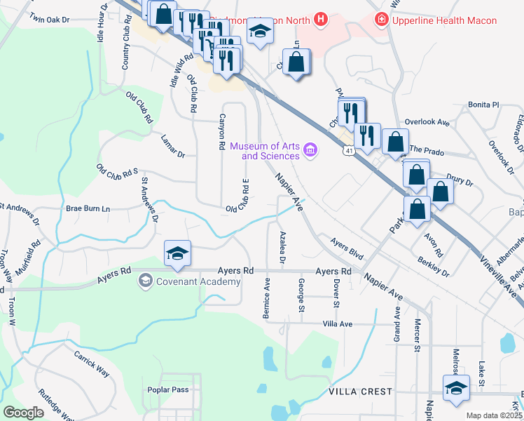 map of restaurants, bars, coffee shops, grocery stores, and more near 4460 Club Trce in Macon