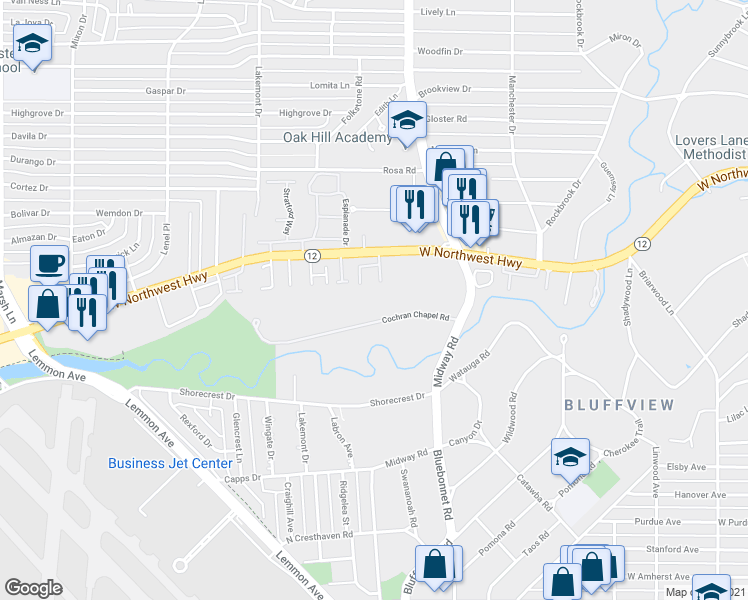 map of restaurants, bars, coffee shops, grocery stores, and more near 4163 Cochran Chapel Road in Dallas