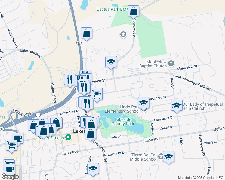 map of restaurants, bars, coffee shops, grocery stores, and more near 12705 Beechtree Street in Lakeside
