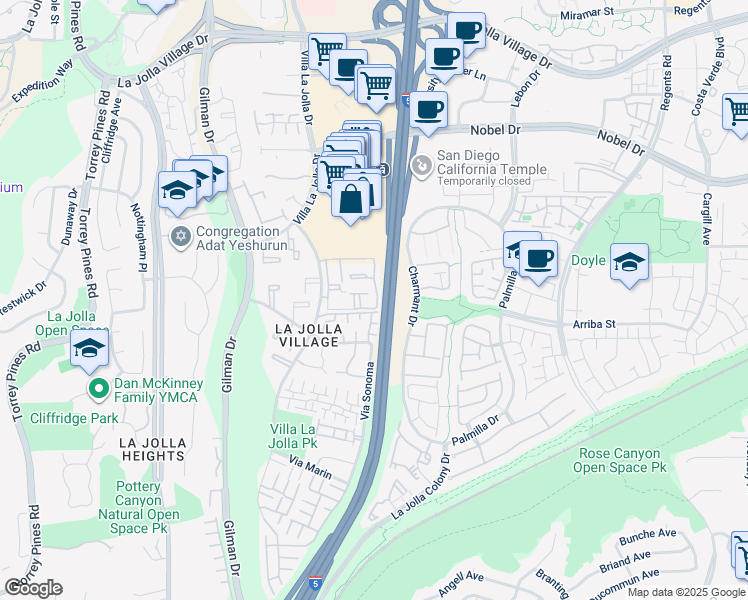 map of restaurants, bars, coffee shops, grocery stores, and more near 8637 Via Mallorca in San Diego