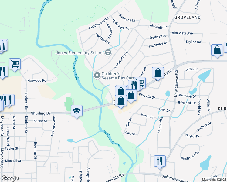 map of restaurants, bars, coffee shops, grocery stores, and more near 2727 Walnut Creek Road in Macon
