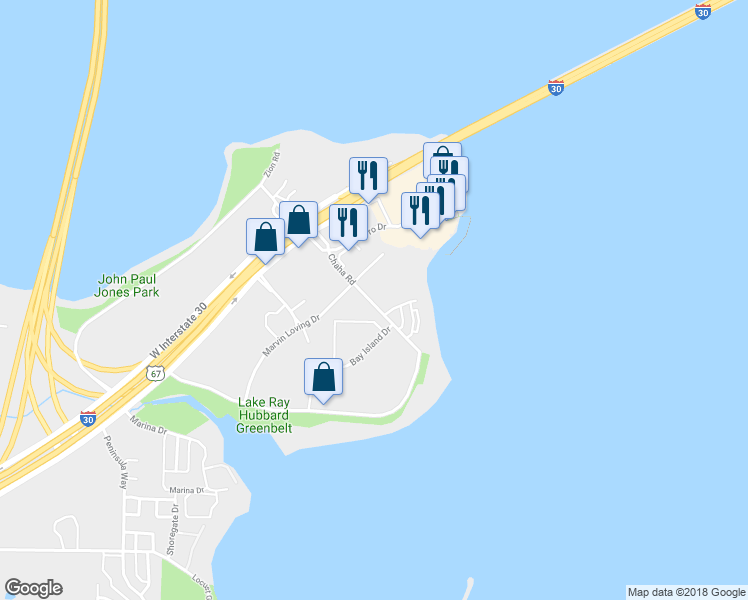 map of restaurants, bars, coffee shops, grocery stores, and more near 5401 Zion Road in Garland