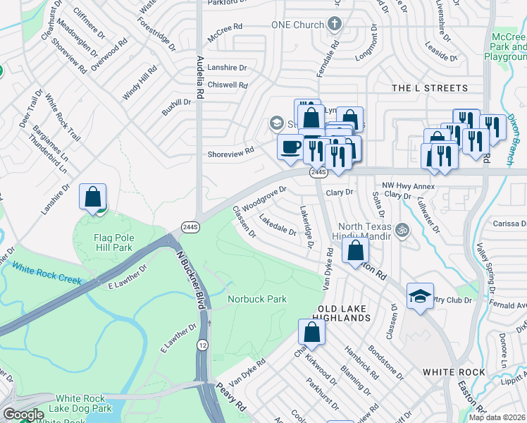 map of restaurants, bars, coffee shops, grocery stores, and more near 9919 Lakedale Drive in Dallas