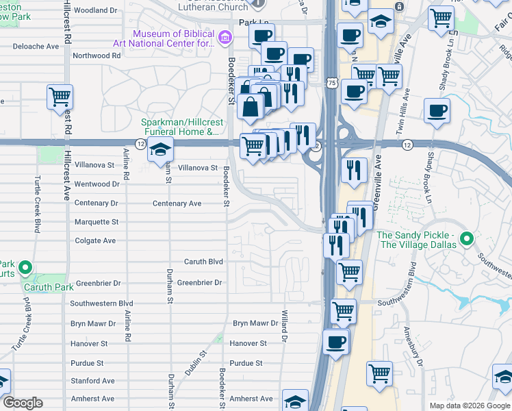map of restaurants, bars, coffee shops, grocery stores, and more near 7631 Marquette Street in Dallas