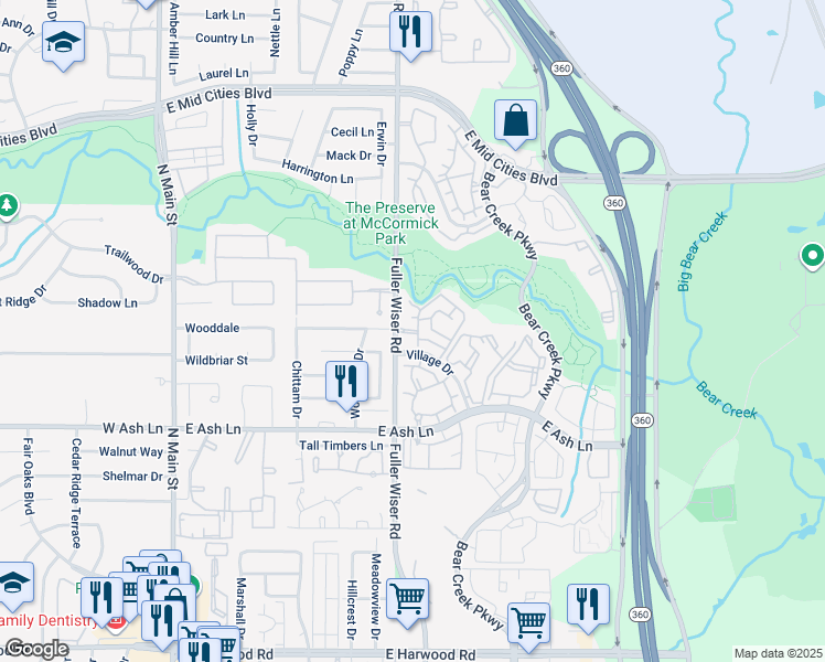 map of restaurants, bars, coffee shops, grocery stores, and more near 1800 Fuller Wiser Road in Euless