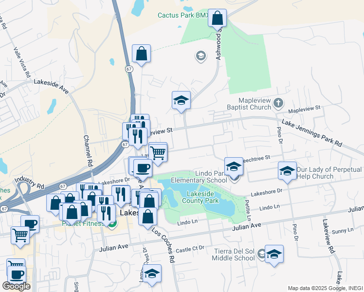 map of restaurants, bars, coffee shops, grocery stores, and more near 12632 Laurel Street in Lakeside
