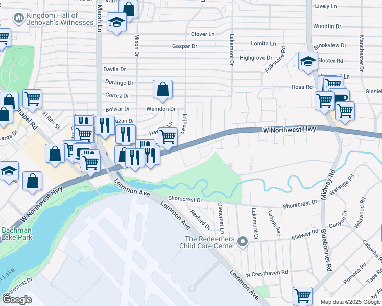 map of restaurants, bars, coffee shops, grocery stores, and more near 3932 West Northwest Highway in Dallas