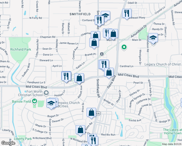 map of restaurants, bars, coffee shops, grocery stores, and more near 7824 Arthur Drive in North Richland Hills
