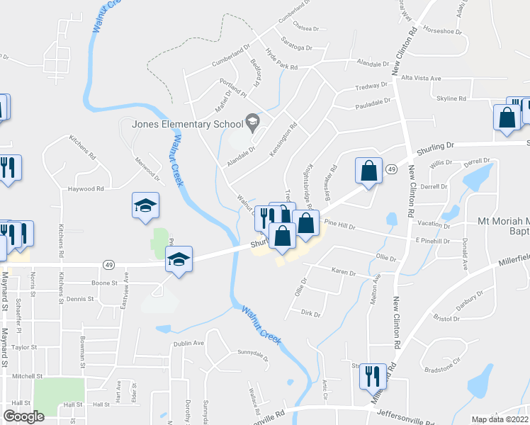 map of restaurants, bars, coffee shops, grocery stores, and more near 2727 Walnut Creek Road in Macon