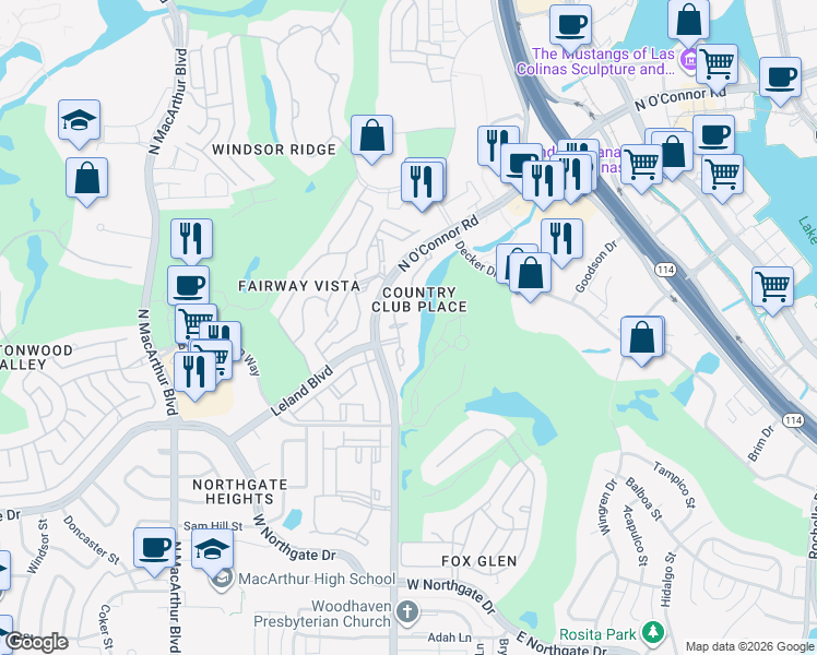 map of restaurants, bars, coffee shops, grocery stores, and more near 4618 O'Connor Court in Irving