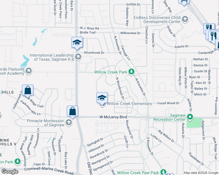 map of restaurants, bars, coffee shops, grocery stores, and more near 308 Little John Court in Saginaw
