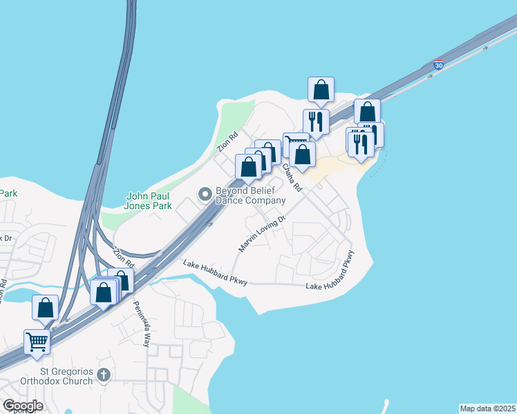map of restaurants, bars, coffee shops, grocery stores, and more near 4410 Point Boulevard in Garland