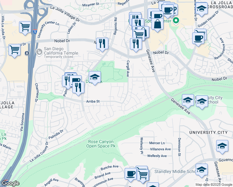 map of restaurants, bars, coffee shops, grocery stores, and more near 7955 Playmor Terrace in San Diego
