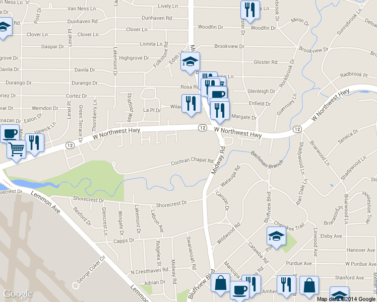 map of restaurants, bars, coffee shops, grocery stores, and more near 4229 Cochran Chapel Road in Dallas