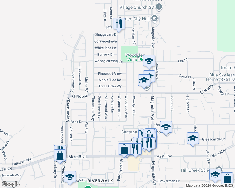 map of restaurants, bars, coffee shops, grocery stores, and more near 10150 Waynecrest Lane in Santee
