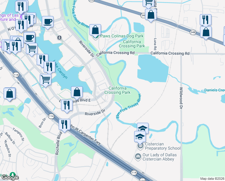 map of restaurants, bars, coffee shops, grocery stores, and more near 5349 East Las Colinas Boulevard in Irving