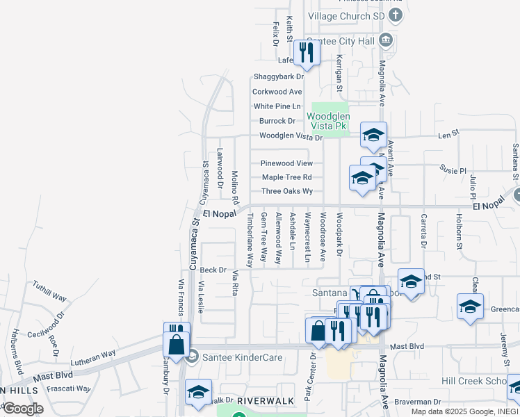 map of restaurants, bars, coffee shops, grocery stores, and more near 10154 Gem Tree Way in Santee