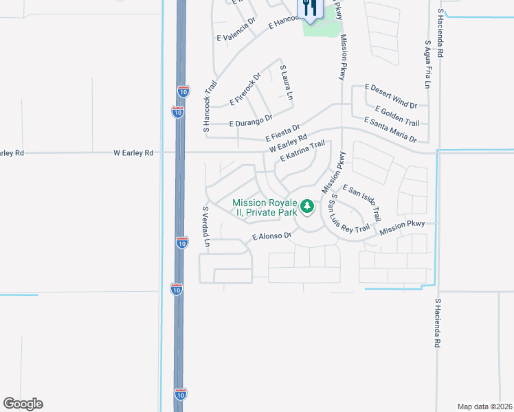 map of restaurants, bars, coffee shops, grocery stores, and more near 2426 East Santa Barbara Trail in Casa Grande
