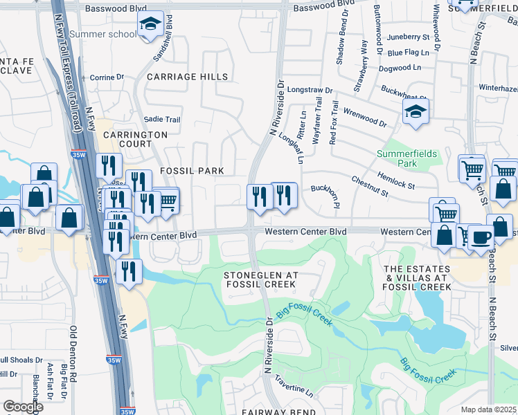 map of restaurants, bars, coffee shops, grocery stores, and more near 6618 North Riverside Drive in Fort Worth