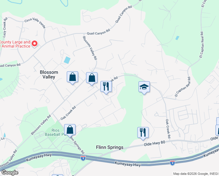 map of restaurants, bars, coffee shops, grocery stores, and more near 15011 Oak Creek Road in El Cajon
