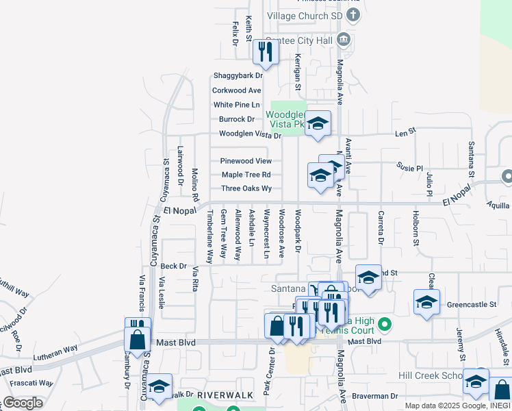 map of restaurants, bars, coffee shops, grocery stores, and more near 10149 Ashdale Lane in Santee
