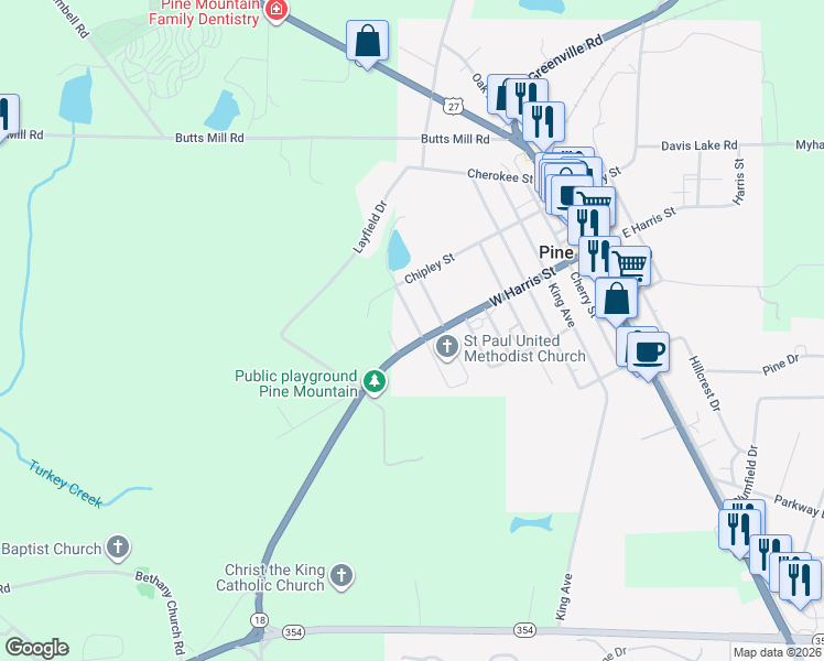 map of restaurants, bars, coffee shops, grocery stores, and more near 121 Wood Avenue in Pine Mountain