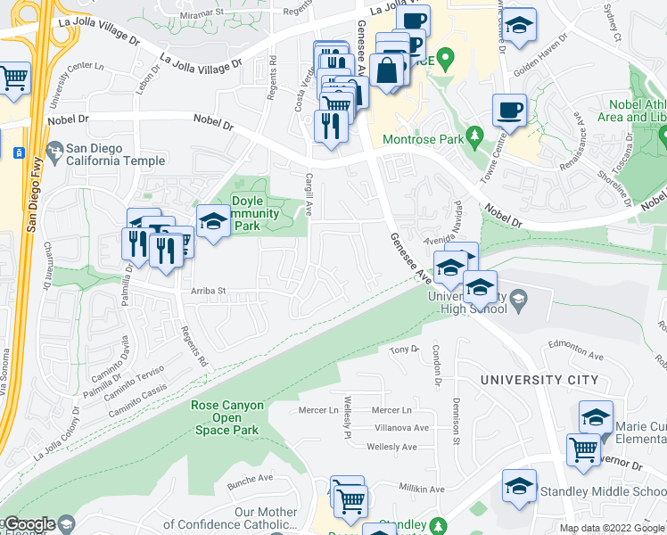 map of restaurants, bars, coffee shops, grocery stores, and more near 4140 Camino Huerta in San Diego