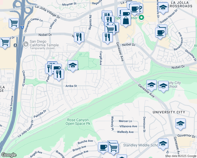 map of restaurants, bars, coffee shops, grocery stores, and more near 7955 Playmor Terrace in San Diego