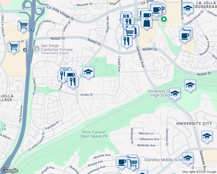 map of restaurants, bars, coffee shops, grocery stores, and more near 7955 Playmor Terrace in San Diego