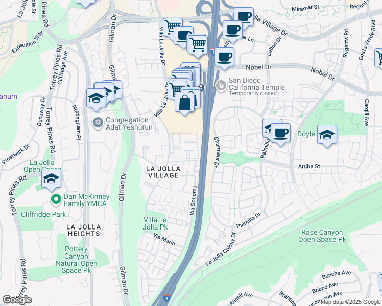 map of restaurants, bars, coffee shops, grocery stores, and more near 8637 Via Mallorca in San Diego