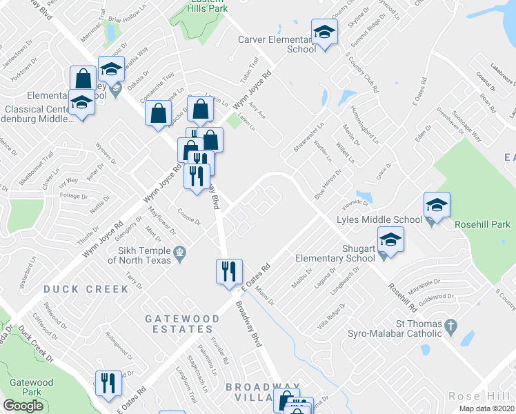 map of restaurants, bars, coffee shops, grocery stores, and more near 4243 Rosehill Road in Garland