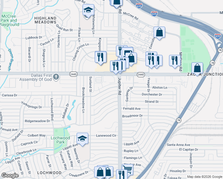 map of restaurants, bars, coffee shops, grocery stores, and more near 11347 Dalron Drive in Dallas
