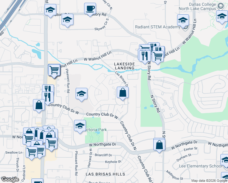 map of restaurants, bars, coffee shops, grocery stores, and more near 4241 Madera Road in Irving