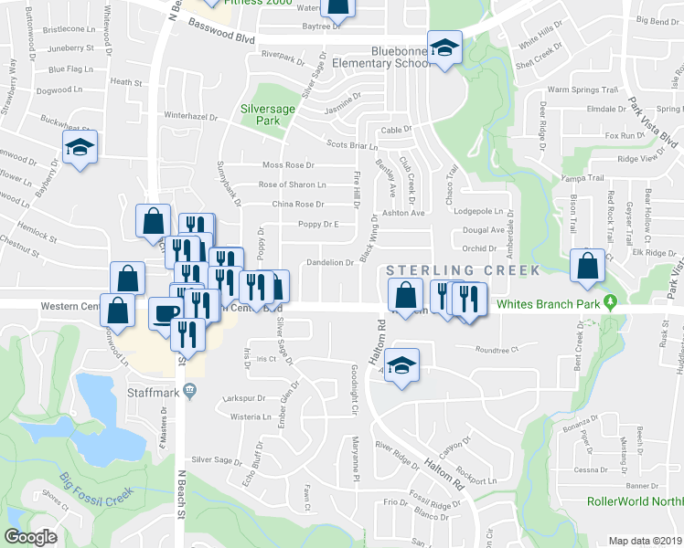 map of restaurants, bars, coffee shops, grocery stores, and more near 6715 Oriole Court in Fort Worth