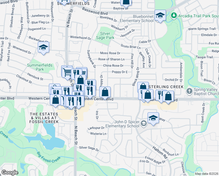 map of restaurants, bars, coffee shops, grocery stores, and more near 6711 Silver Sage Drive in Fort Worth