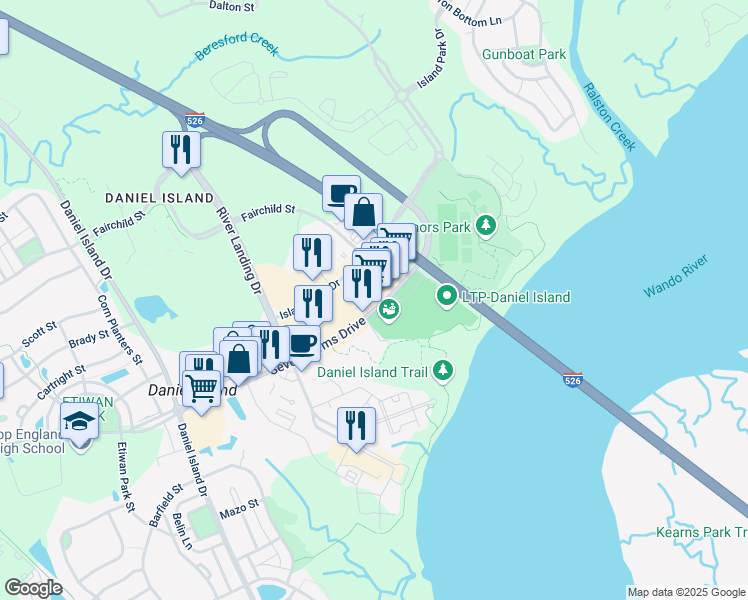 map of restaurants, bars, coffee shops, grocery stores, and more near 186 Seven Farms Drive in Charleston