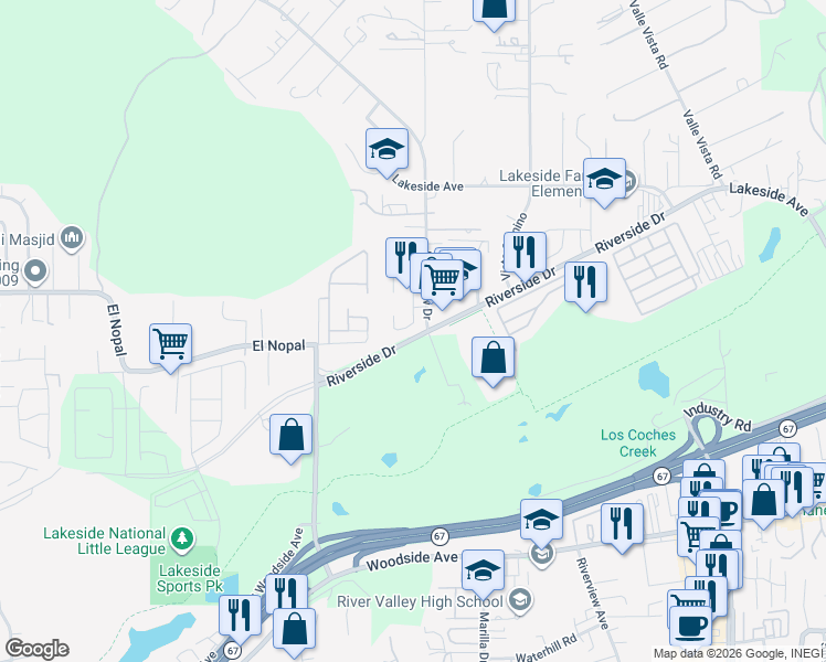 map of restaurants, bars, coffee shops, grocery stores, and more near 10223 Paseo Palmas Drive in Lakeside