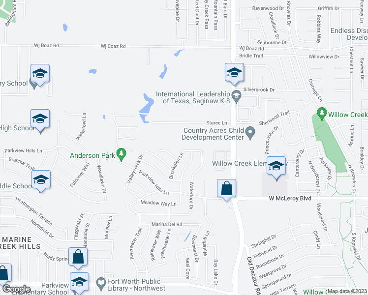 map of restaurants, bars, coffee shops, grocery stores, and more near 6929 Brookglen Lane in Fort Worth